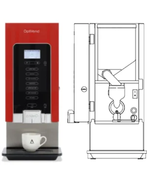 Red OptiVend 11S NG commercial coffee machine with touch buttons and a white espresso cup, beside a line drawing of the machine's interior view.