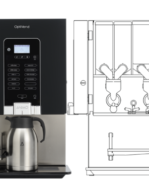 Black OptiVend automatic coffee machine with selection touchscreen, accompanied by a stainless steel jug and line drawing of internal mechanism.