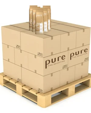 Pallet of stacked tan boxes labeled 'PURE Fine Selection' Pure cappuccino topping packages on top.