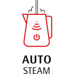 Stylized red graphic of a hand holding a steaming pitcher with a power symbol and Wi-Fi signal, above the text "AUTO STEAM"