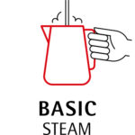 Stylized red graphic of a hand holding a steaming pitcher, above the text "BASIC STEAM"