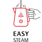Stylized red graphic of a hand holding a steaming pitcher with a power symbol and Wi-Fi signal, above the text "EASY STEAM"