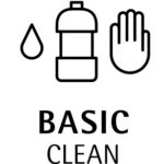 Iconic representation of a water droplet, detergent bottle, and a stop hand gesture with the words "BASIC CLEAN" below.