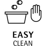 Outline of a washing basin with bubbles and a stop hand gesture above and the text "EASY CLEAN" underneath.
