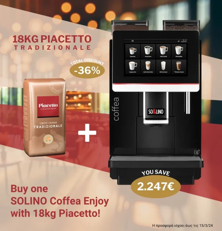 Commercial ad for Solino espresso machine and 'Piaccetto Tradizionale' coffee with an -36% discount offer and a 2.247€ saving