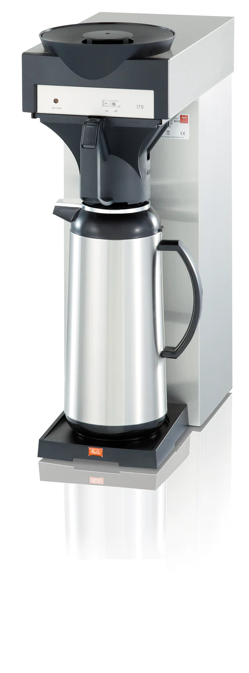 Melitta 170 MT filter coffee machine with stainless steel carafe on warming plate, isolated on white.