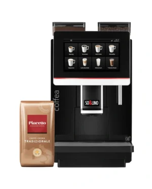 Solino coffea enjoy automatic coffee machine with a pack of Piacetto espresso on white background