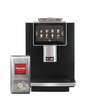 Solino office automatic coffee machine with a pack of Piacetto espresso on white background