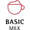 a red outline of a coffee cup and the words "BASIC MILK" in black capital letters below