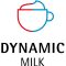 a red outline of a coffee cup and the words "DYNAMIC MILK" in black capital letters below
