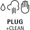 Graphic symbols of a water droplet, steam, and a hand above the text "PLUG +CLEAN".